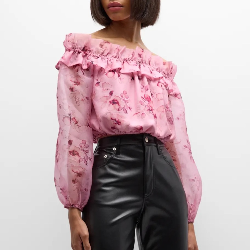 Cami NYC 
Elaria Floral Ruffle Off The Shoulder Silk Crop Top